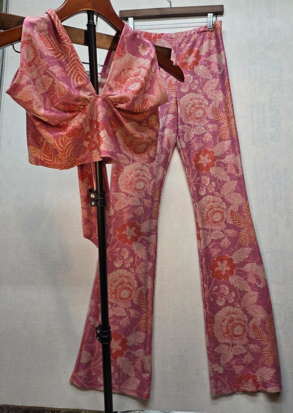 70s‎ Disco Miss Selfridge 2 Piece Co-Ord Pink Glitter Halter, Flared Pants Sz 8